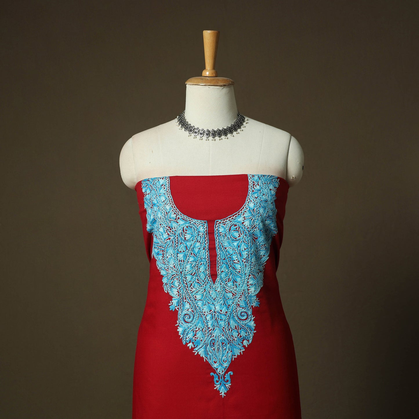 Red - Aari Hand Embroidery Cotton 2pc Unstitched Dress Material Kurta Set 11