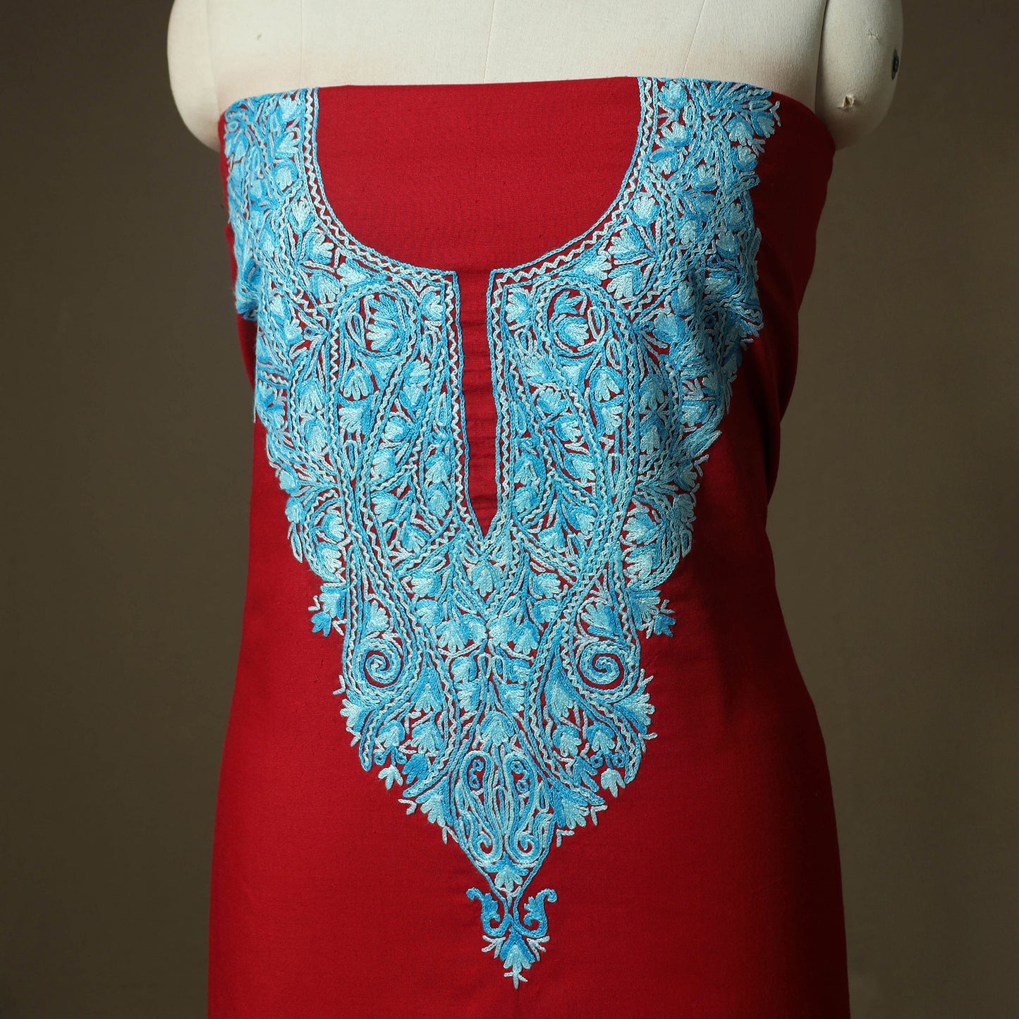 Red - Aari Hand Embroidery Cotton 2pc Unstitched Dress Material Kurta Set 11