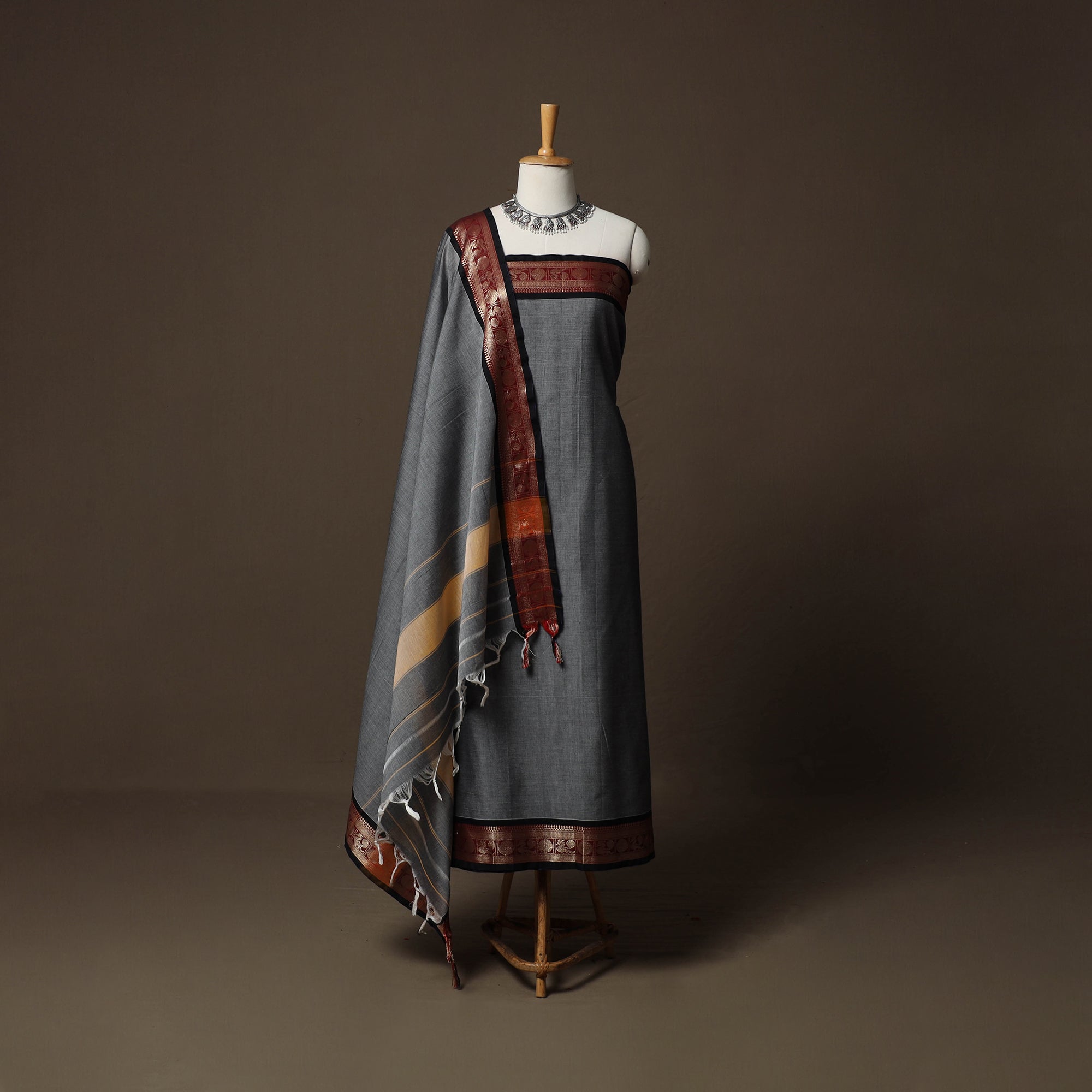 Grey Dharwad Cotton 3pc Unstitched Dress Material Suit Set with Woven Border