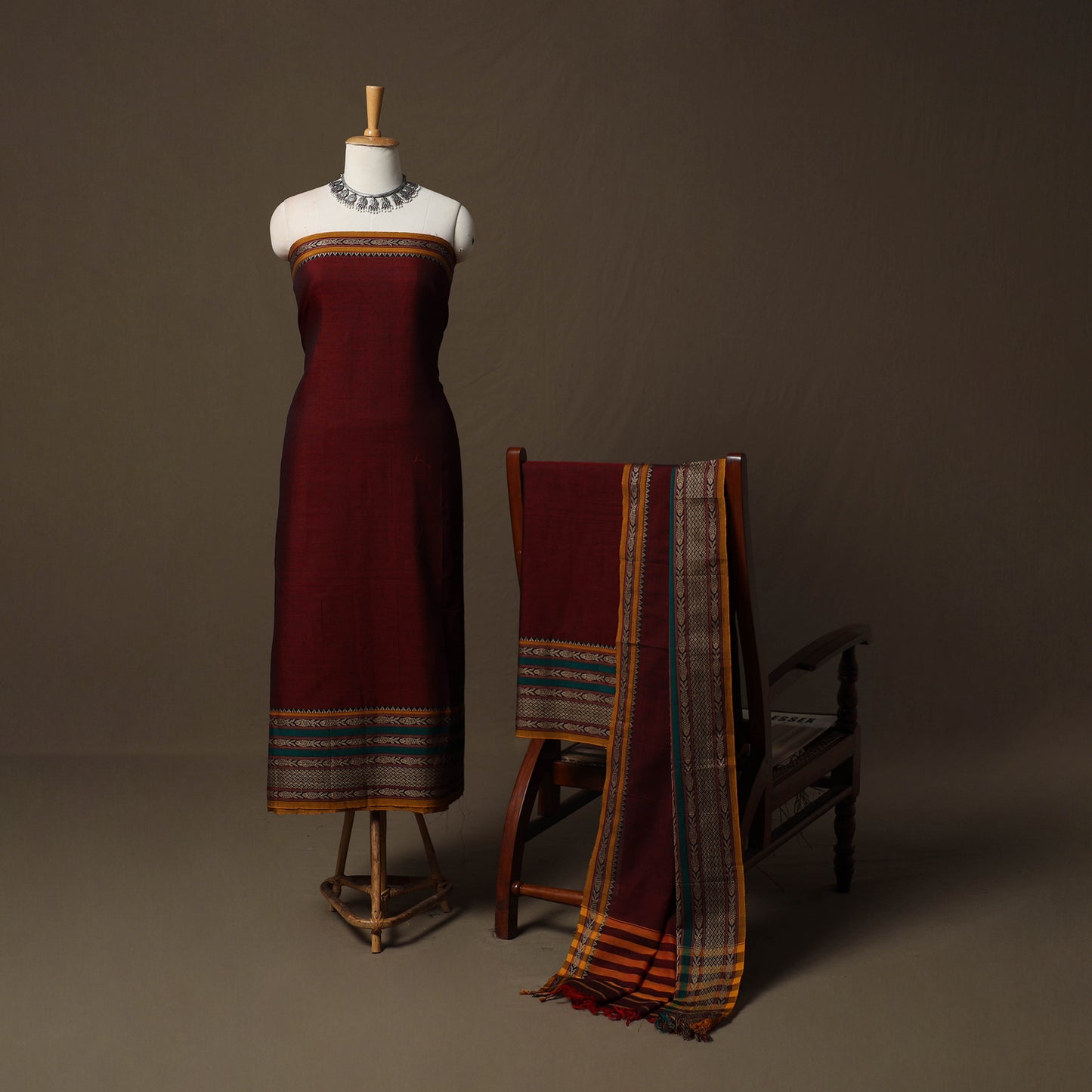 Dharwad Cotton 3pc Unstitched Dress Material Suit Set with Woven Border 19