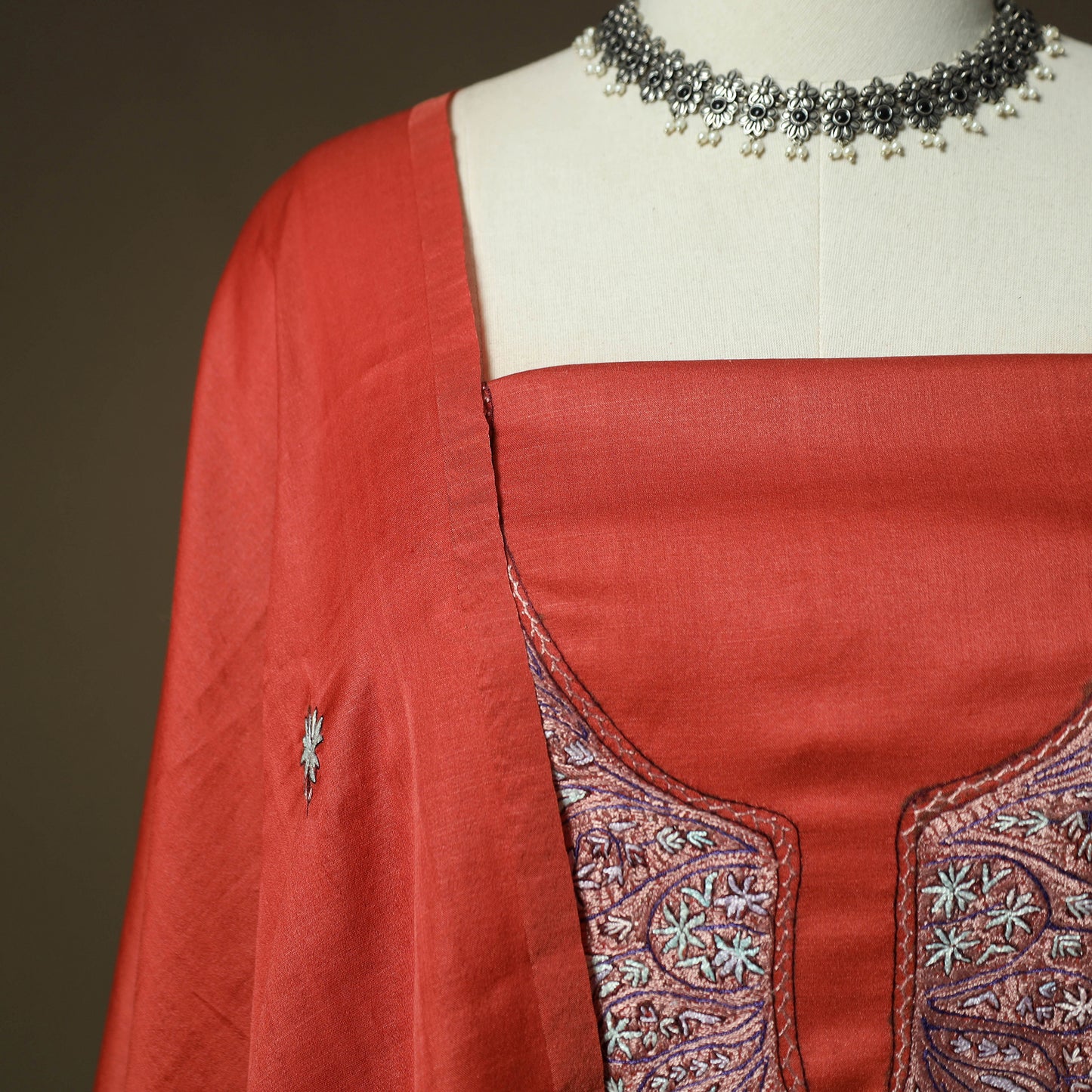 Orange - Sozni Hand Embroidery Pure Silk 3pc Unstitched Dress Material Suit Set 21