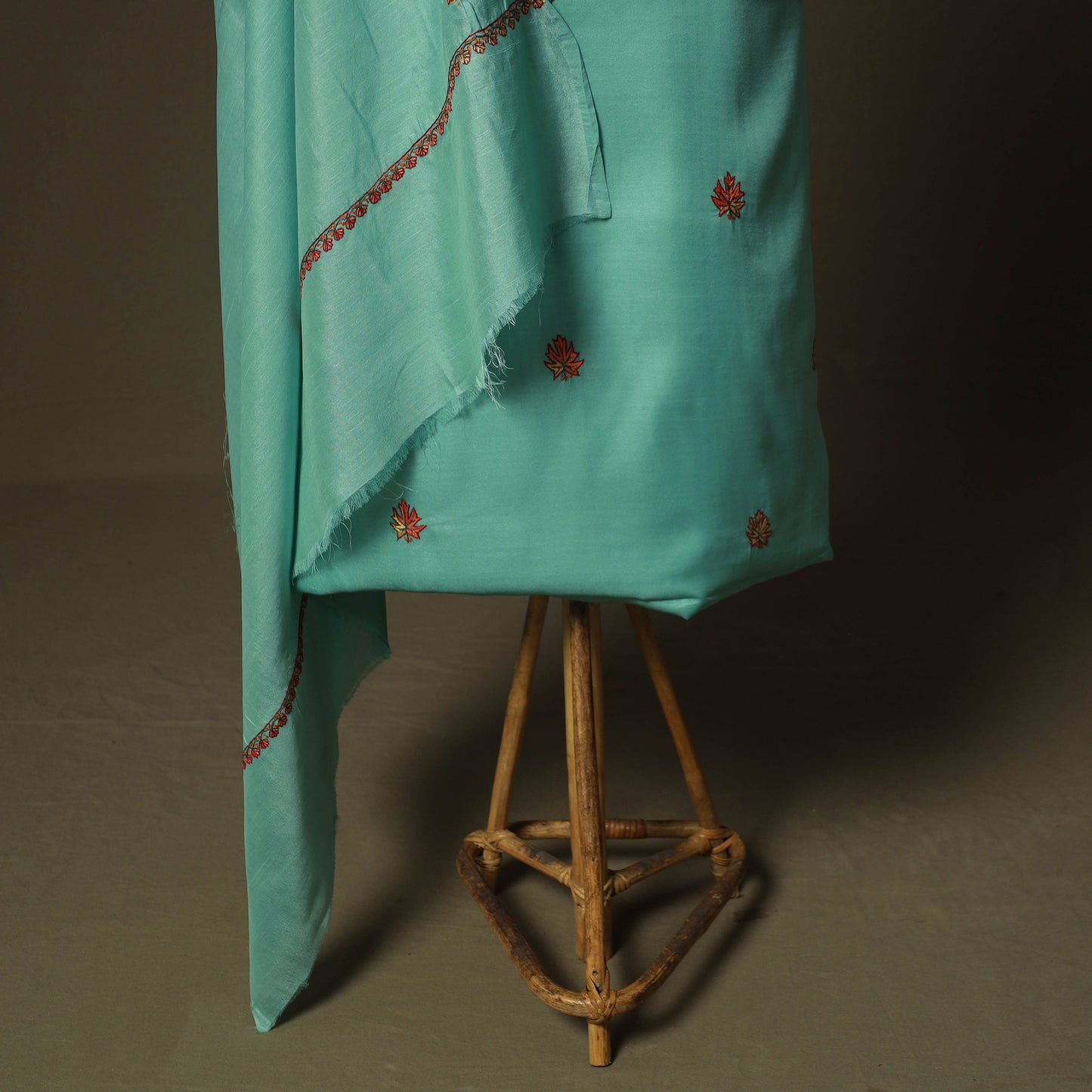 Green - Sozni Hand Embroidery Pure Silk 3pc Unstitched Dress Material Suit Set 23