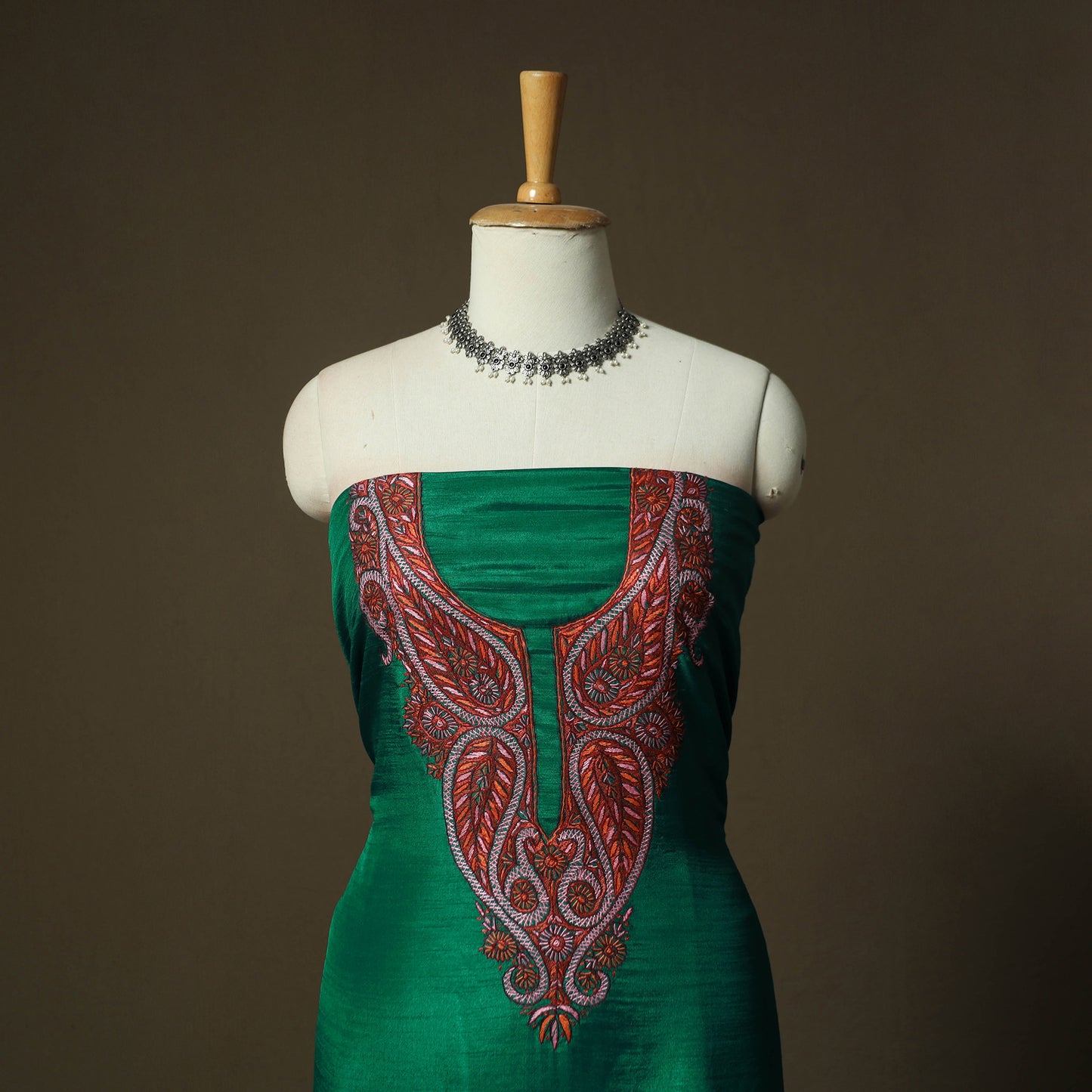 Green - Sozni Hand Embroidery Pure Silk 3pc Unstitched Dress Material Suit Set 24
