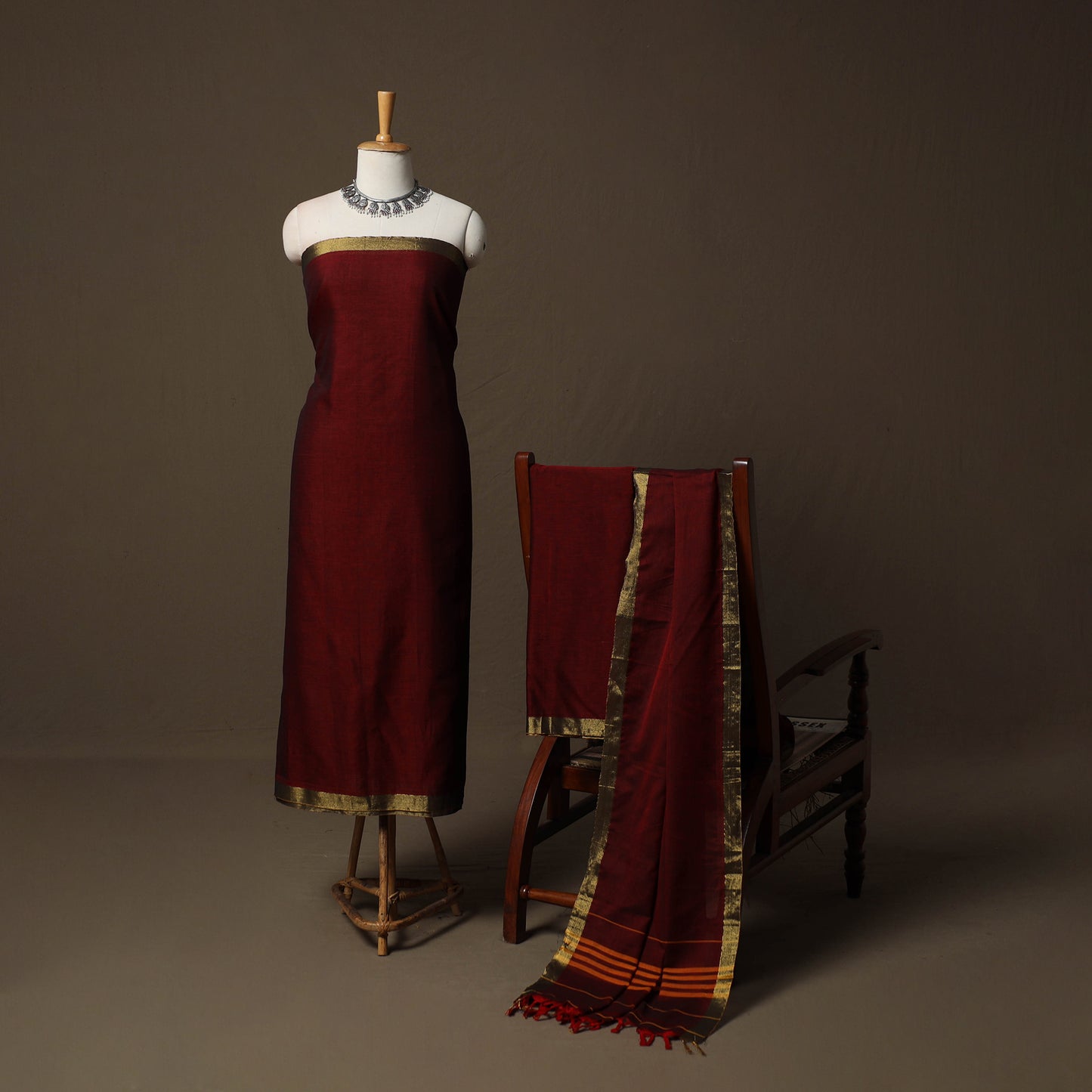 Dharwad Cotton 3pc Unstitched Dress Material Suit Set with Woven Border 11