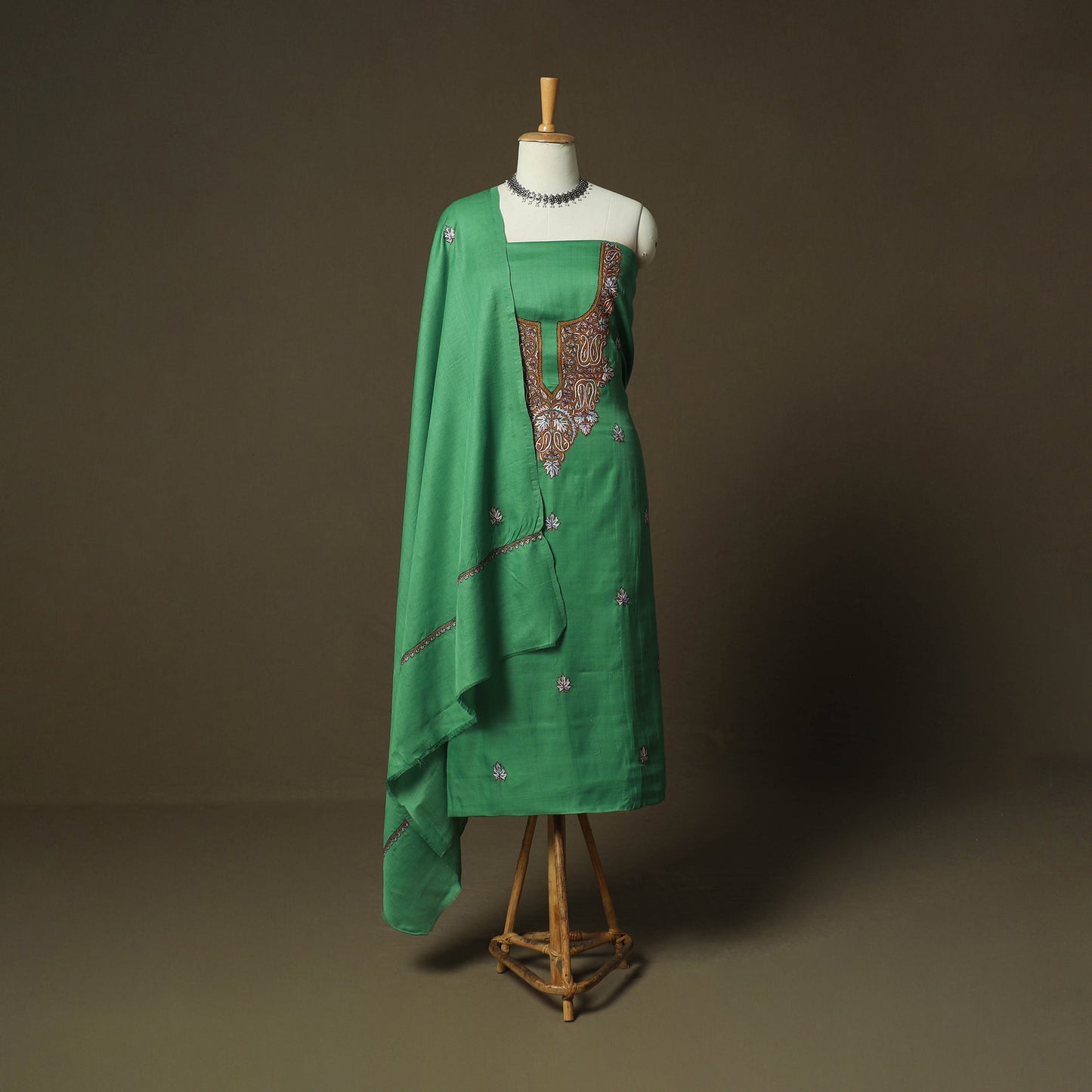 Green - Sozni Hand Embroidery Pure Silk 3pc Unstitched Dress Material Suit Set 25
