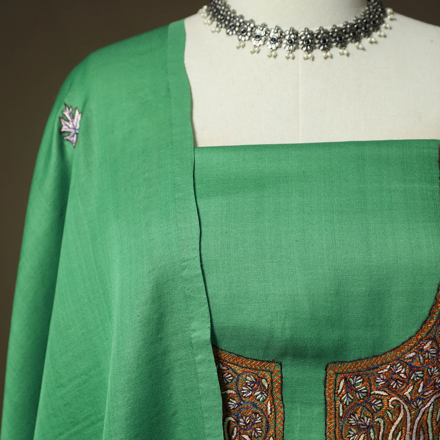 Green - Sozni Hand Embroidery Pure Silk 3pc Unstitched Dress Material Suit Set 25