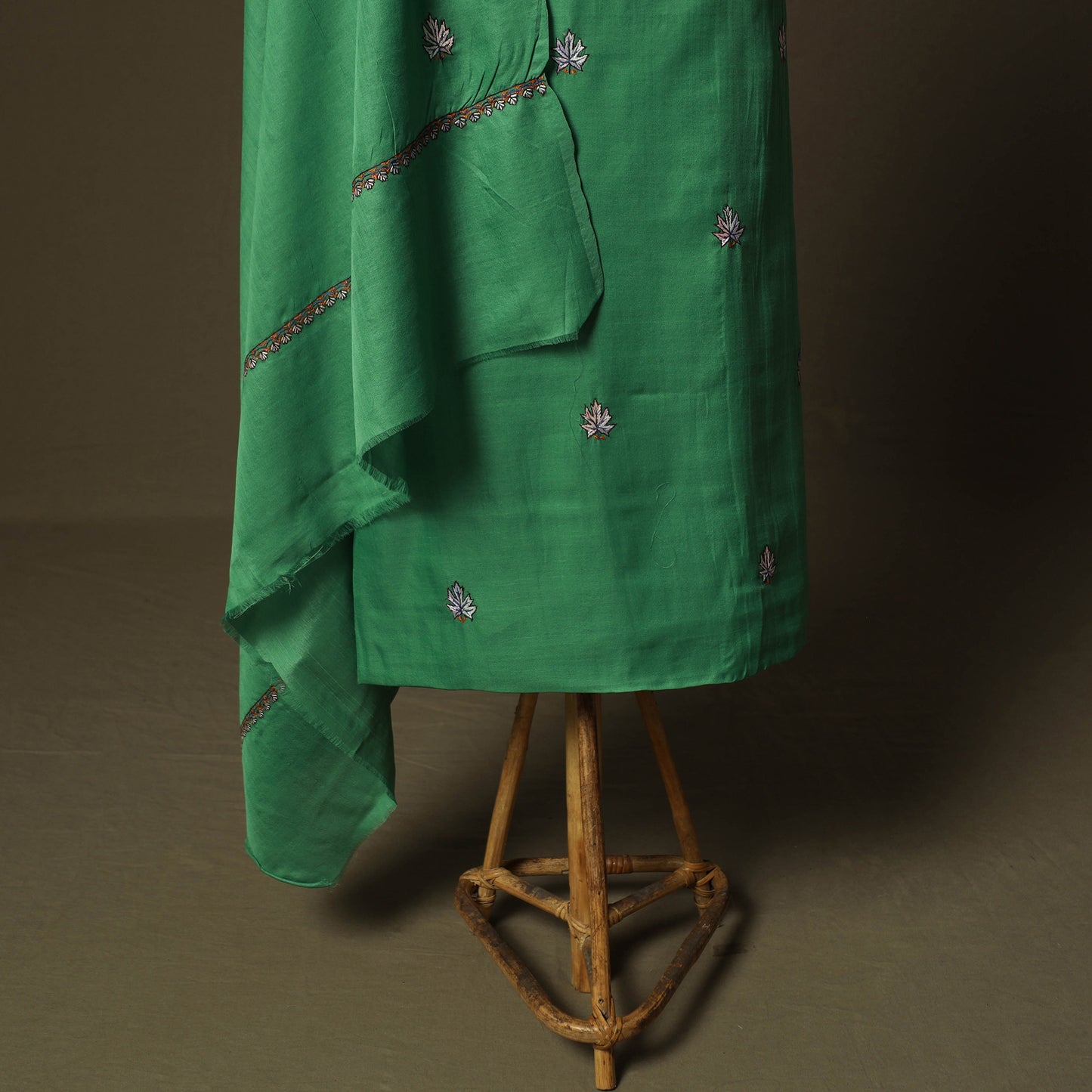 Green - Sozni Hand Embroidery Pure Silk 3pc Unstitched Dress Material Suit Set 25