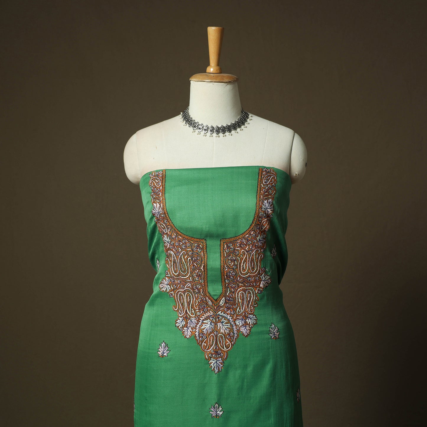 Green - Sozni Hand Embroidery Pure Silk 3pc Unstitched Dress Material Suit Set 25