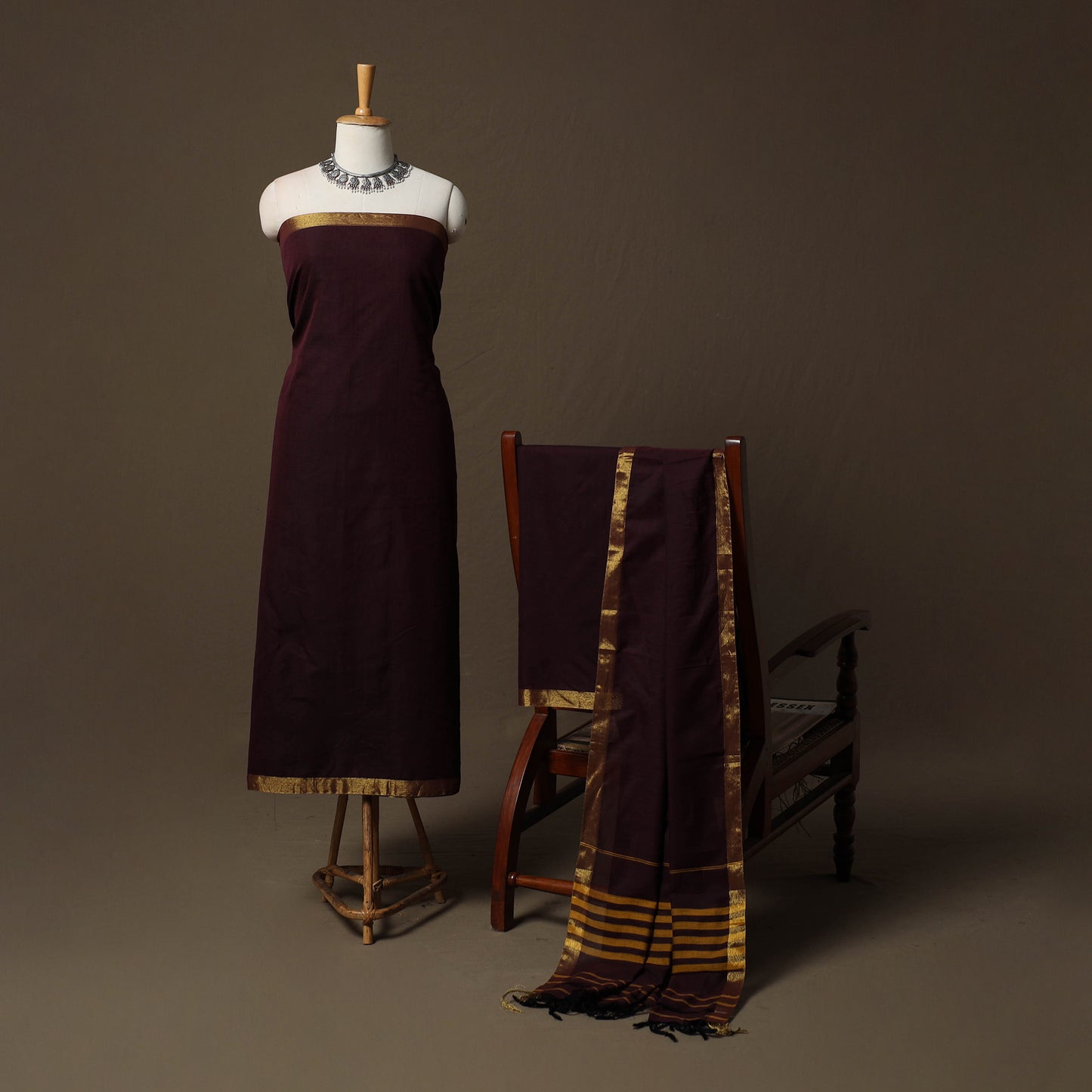Dharwad Cotton 3pc Unstitched Dress Material Suit Set with Woven Border 10