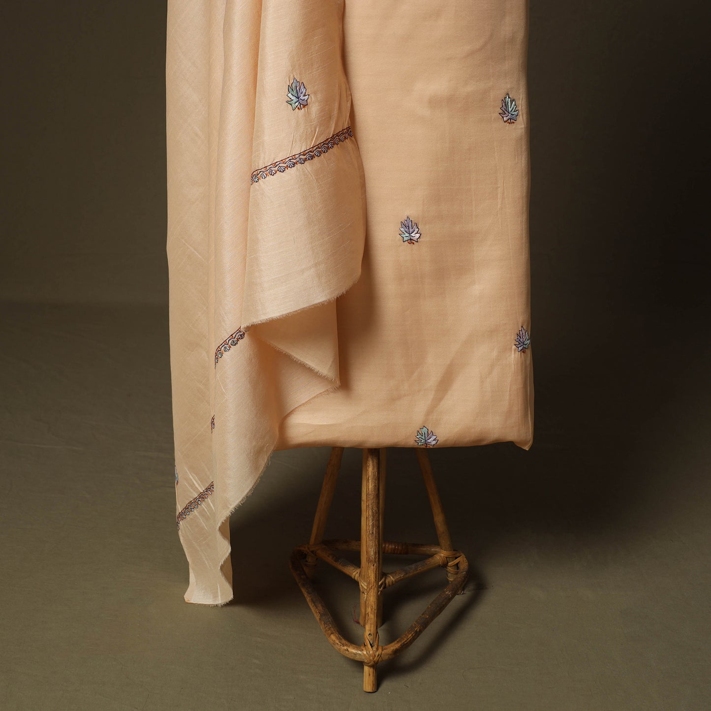 Beige - Sozni Hand Embroidery Pure Silk 3pc Unstitched Dress Material Suit Set 26