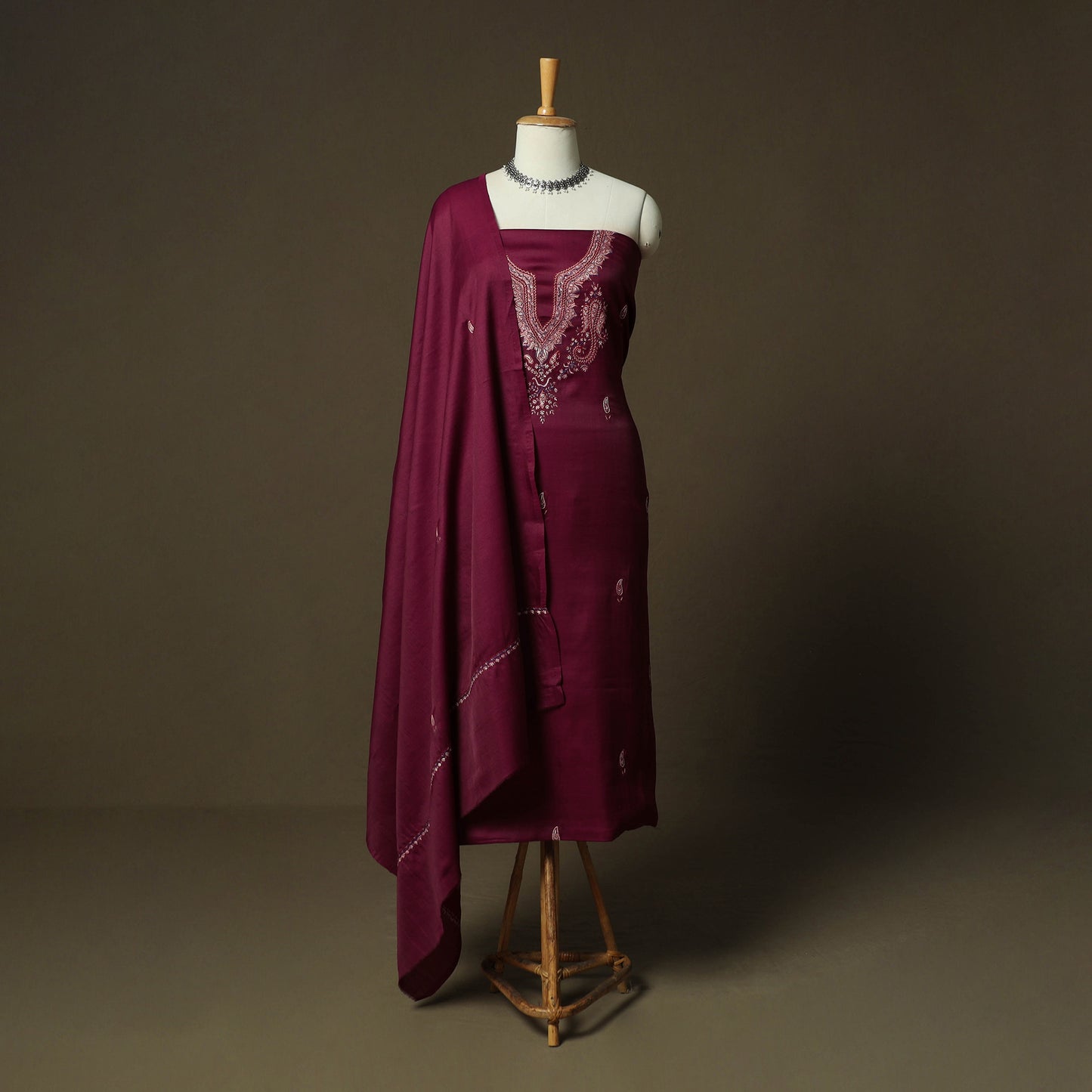 Purple - Sozni Hand Embroidery Pure Silk 3pc Unstitched Dress Material Suit Set 27