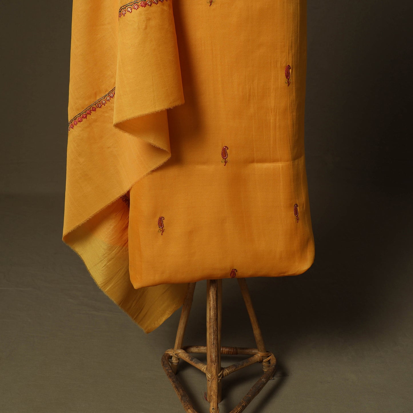 Yellow - Sozni Hand Embroidery Pure Silk 3pc Unstitched Dress Material Suit Set 33