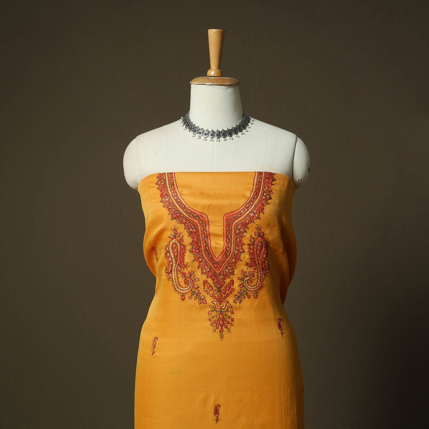 Yellow - Sozni Hand Embroidery Pure Silk 3pc Unstitched Dress Material Suit Set 33