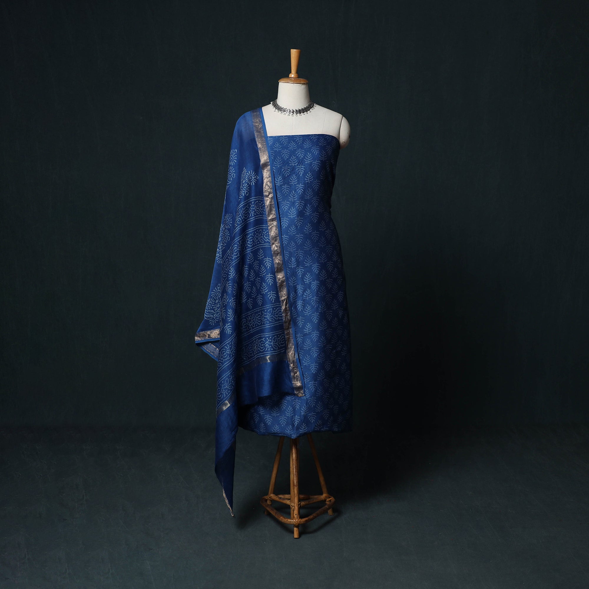 blue colour dress materials Bagru Hand Block Print Maheshwari Silk 3pc Unstitched Material Suit Set cotton fabric dress