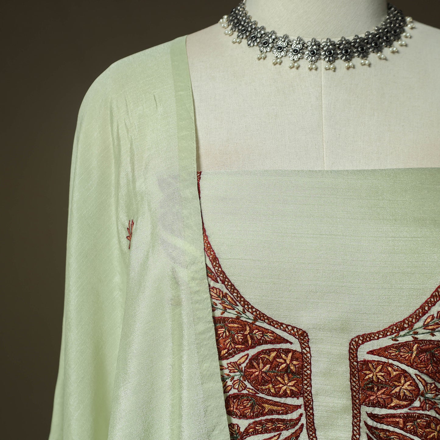 Green - Sozni Hand Embroidery Pure Silk 3pc Unstitched Dress Material Suit Set 29