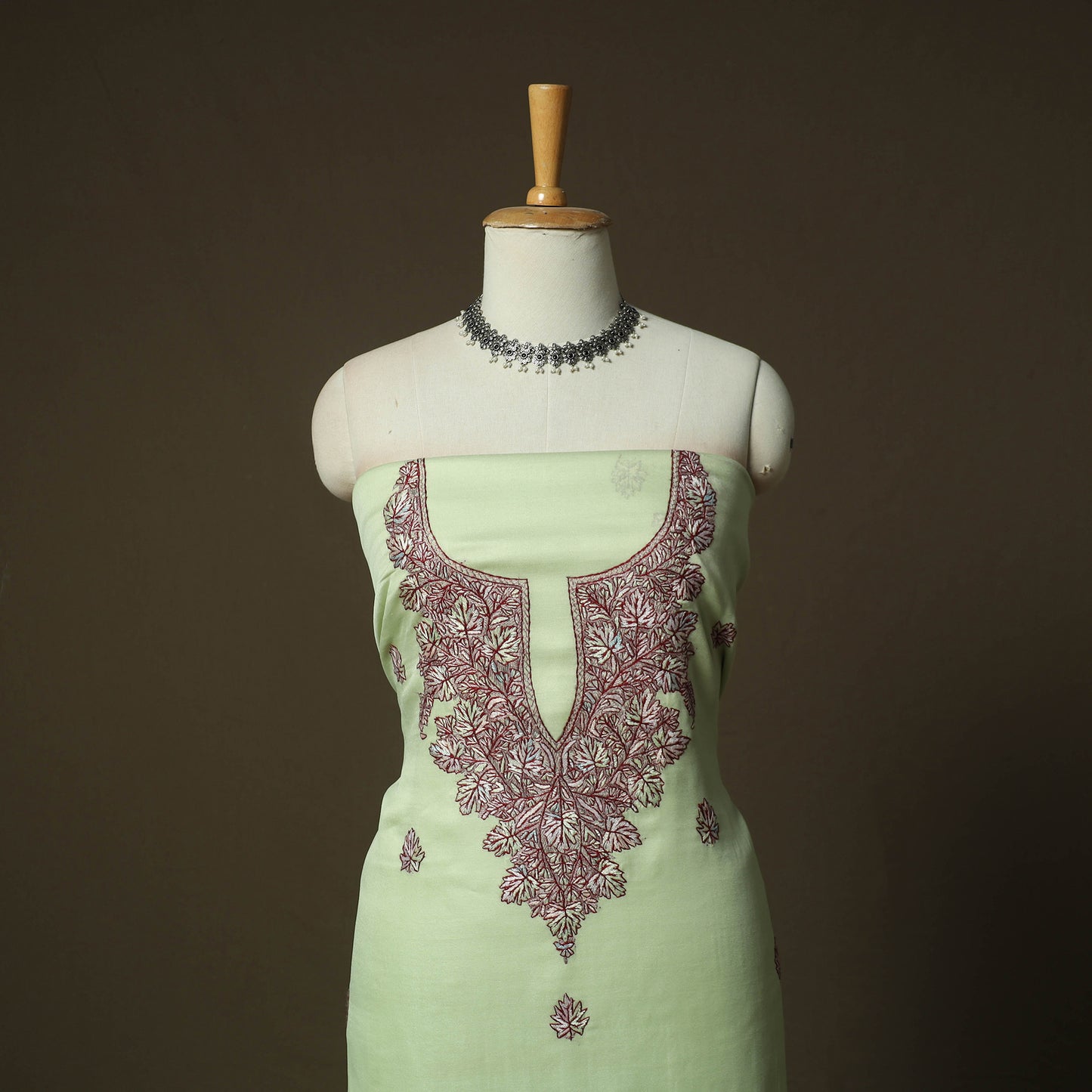 Green - Sozni Hand Embroidery Pure Silk 3pc Unstitched Dress Material Suit Set 31