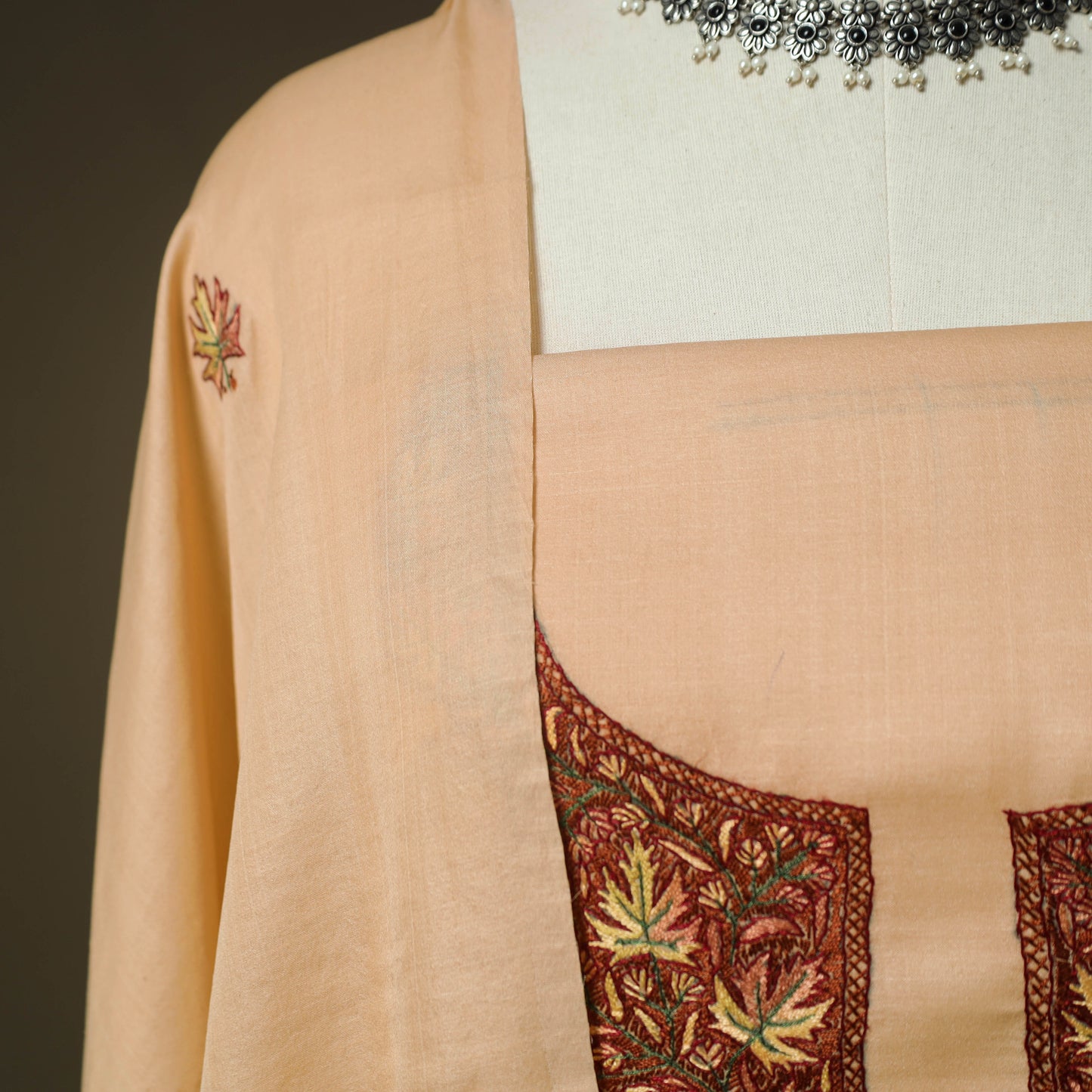 Beige - Sozni Hand Embroidery Pure Silk 3pc Unstitched Dress Material Suit Set 32