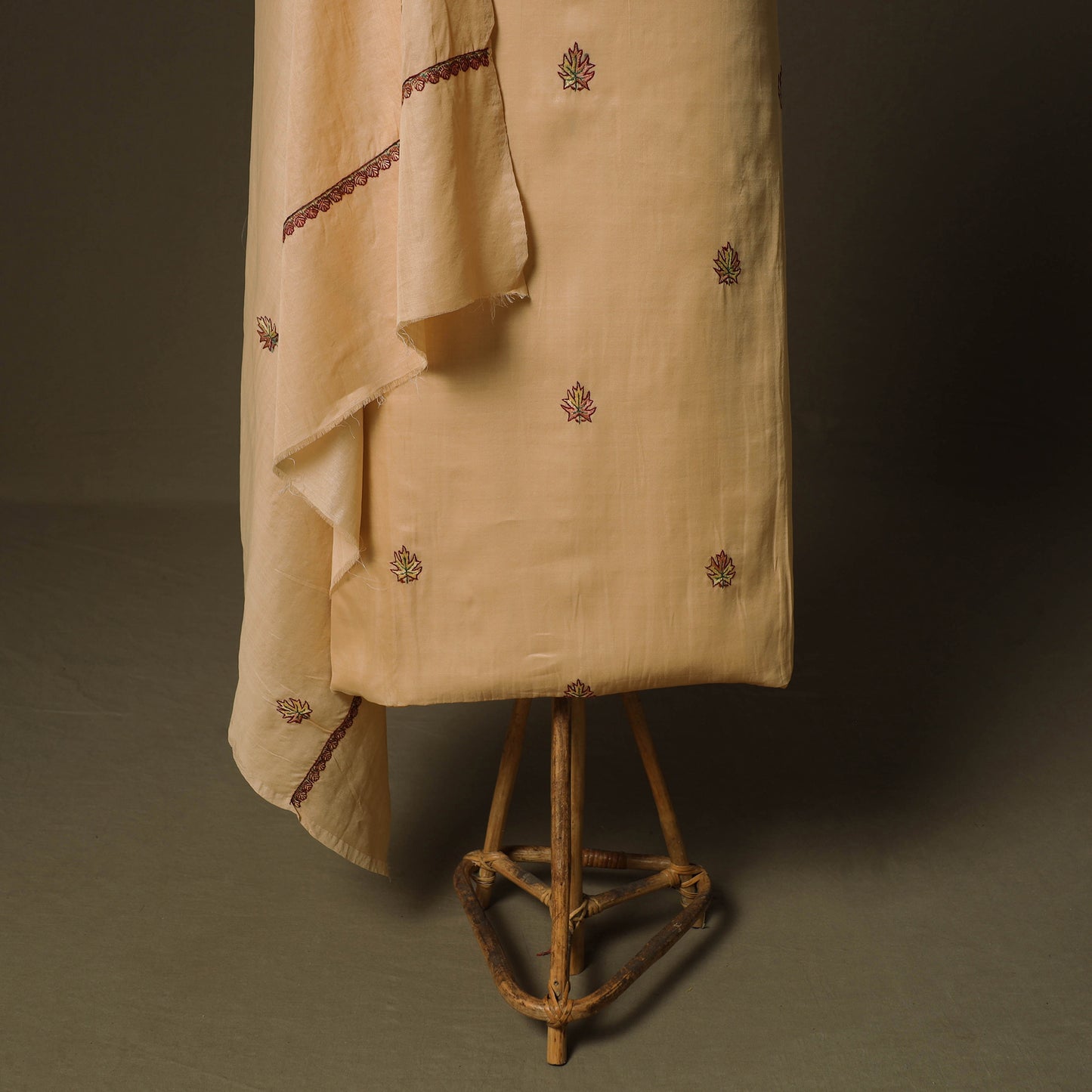 Beige - Sozni Hand Embroidery Pure Silk 3pc Unstitched Dress Material Suit Set 32
