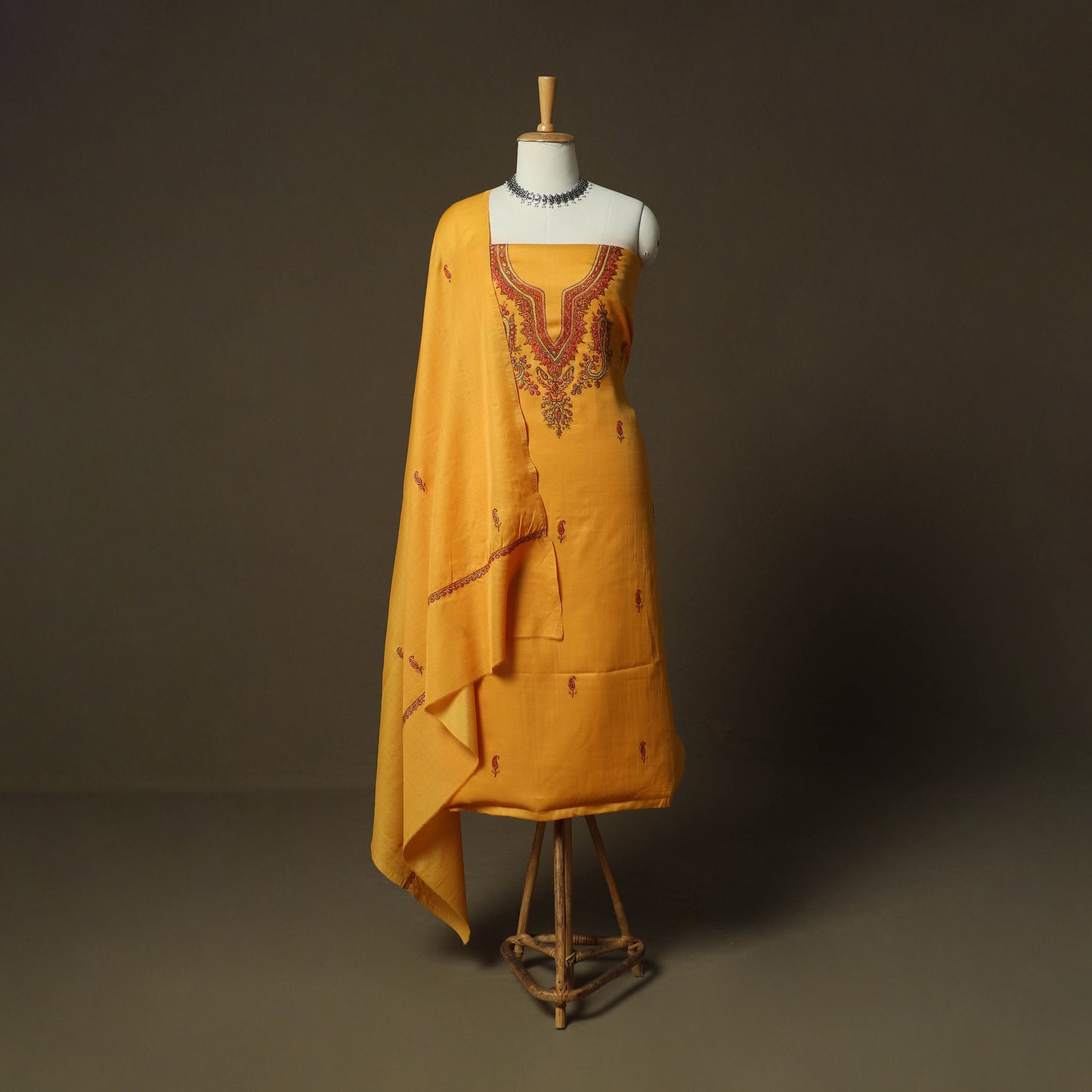 Yellow - Sozni Hand Embroidery Pure Silk 3pc Unstitched Dress Material Suit Set 28