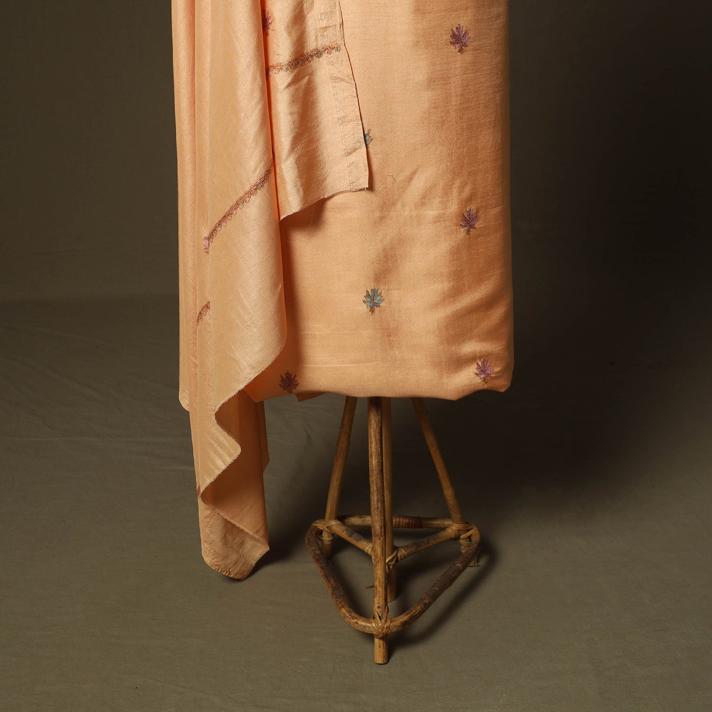 Peach - Sozni Hand Embroidery Pure Silk 3pc Unstitched Dress Material Suit Set 34