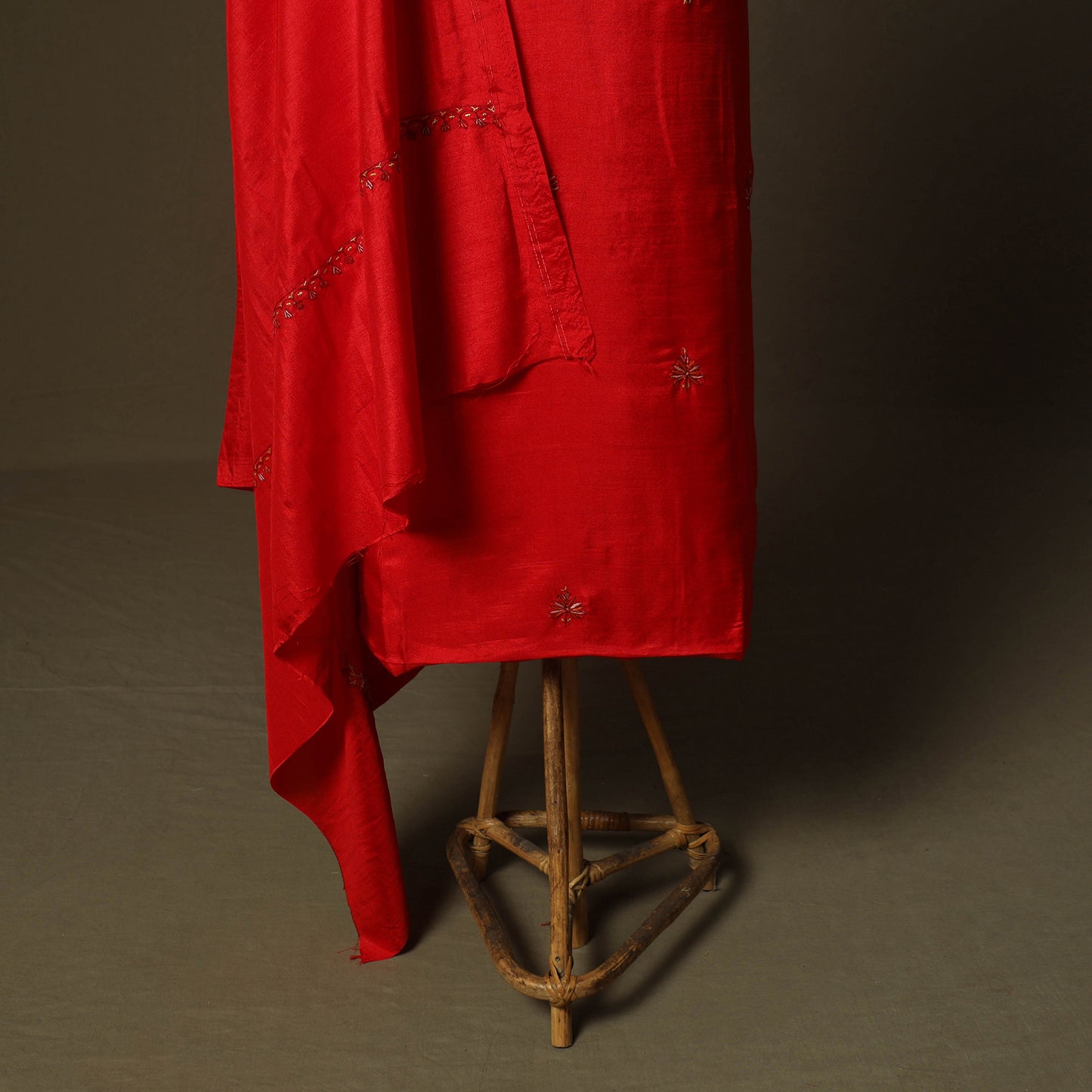 Red - Sozni Hand Embroidery Pure Silk 3pc Unstitched Dress Material Suit Set 35