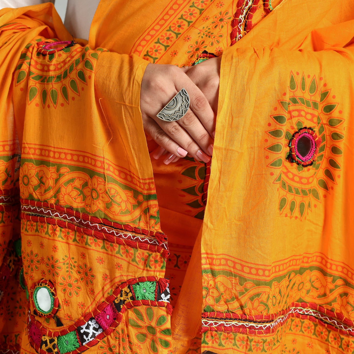 Orange - Kutch Hand Embroidery Mirror Work Printed Cotton Dupatta 11