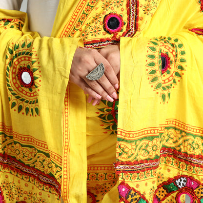 Yellow - Kutch Hand Embroidery Mirror Work Printed Cotton Dupatta 14