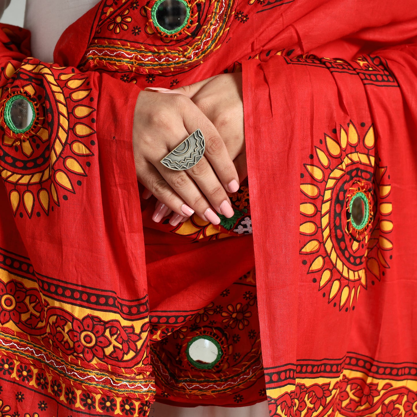 Red - Kutch Hand Embroidery Mirror Work Printed Cotton Dupatta 15