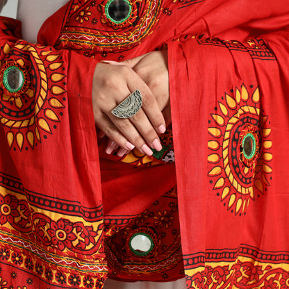 Red - Kutch Hand Embroidery Mirror Work Printed Cotton Dupatta 15