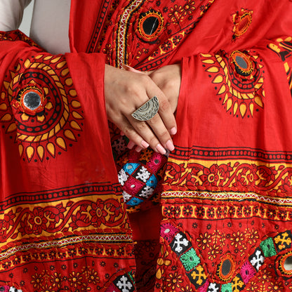 Red - Kutch Hand Embroidery Mirror Work Printed Cotton Dupatta 16