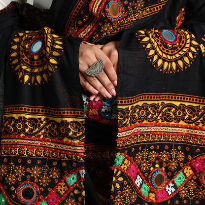 Black - Kutch Hand Embroidery Mirror Work Printed Cotton Dupatta 21