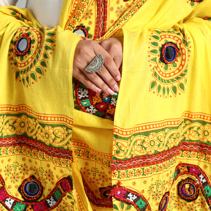 Yellow - Kutch Hand Embroidery Mirror Work Printed Cotton Dupatta 23