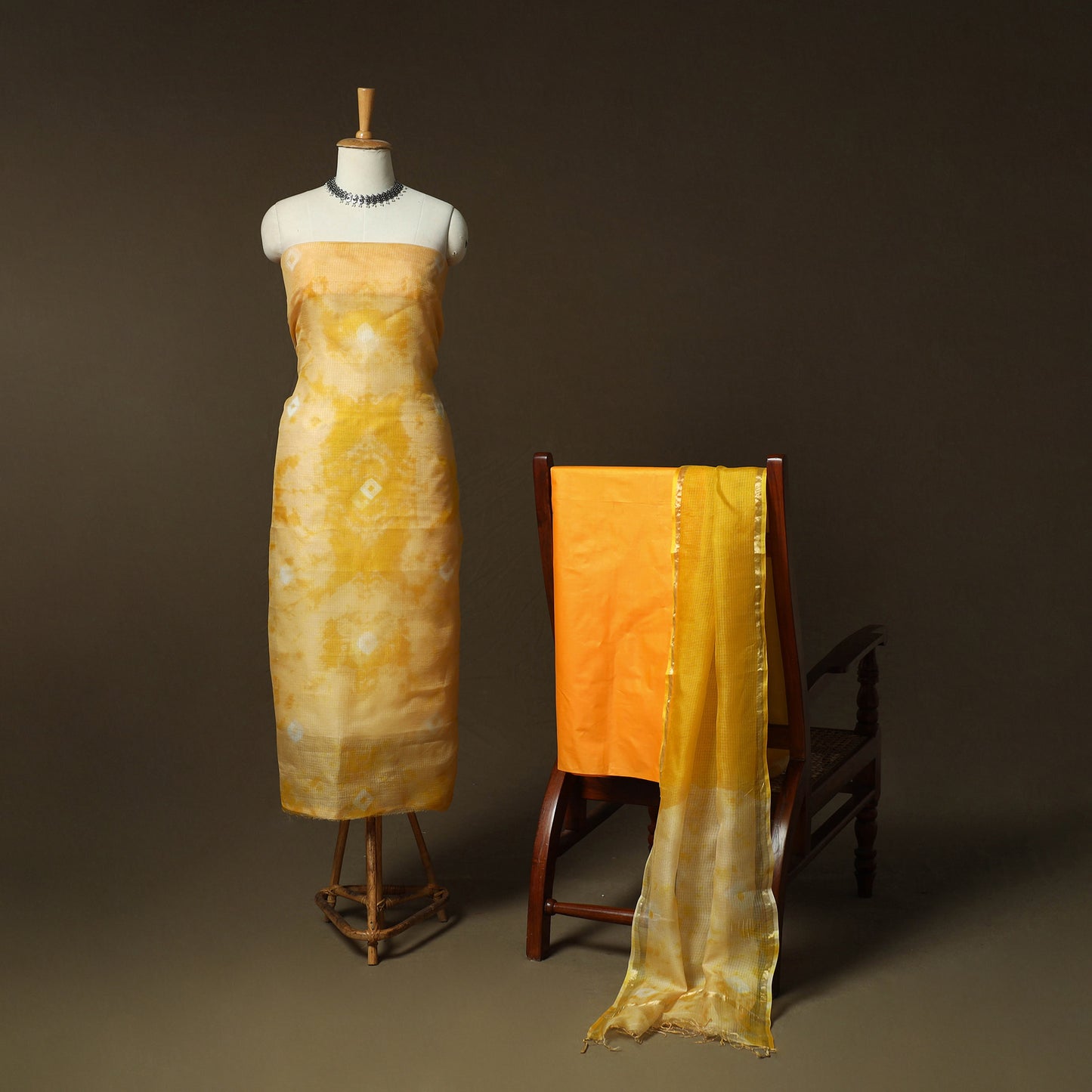Shibori Tie-Dye Kota Doria Silk 3pc Unstitched Dress Material Suit Set 05