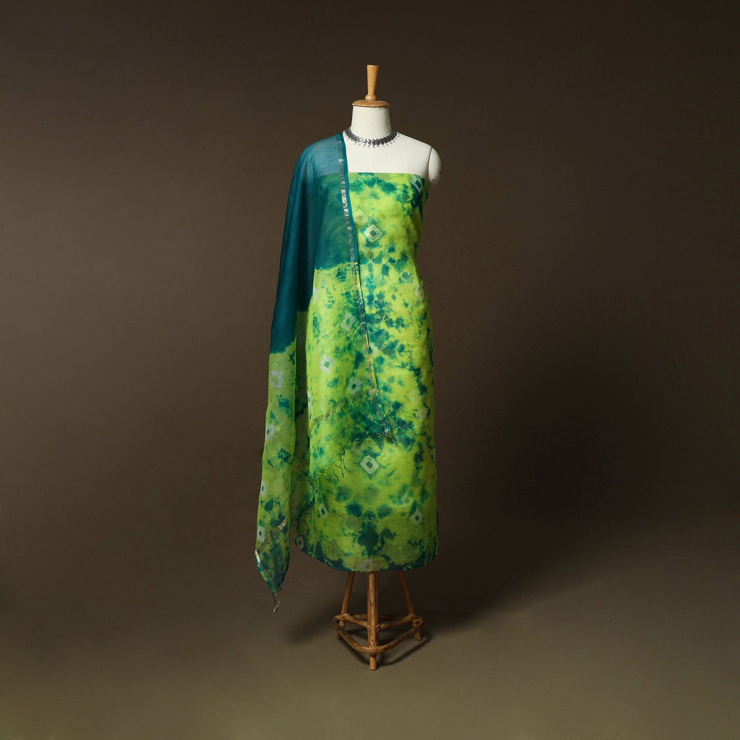 Shibori Tie-Dye Kota Doria Silk 3pc Unstitched Dress Material Suit Set 08
