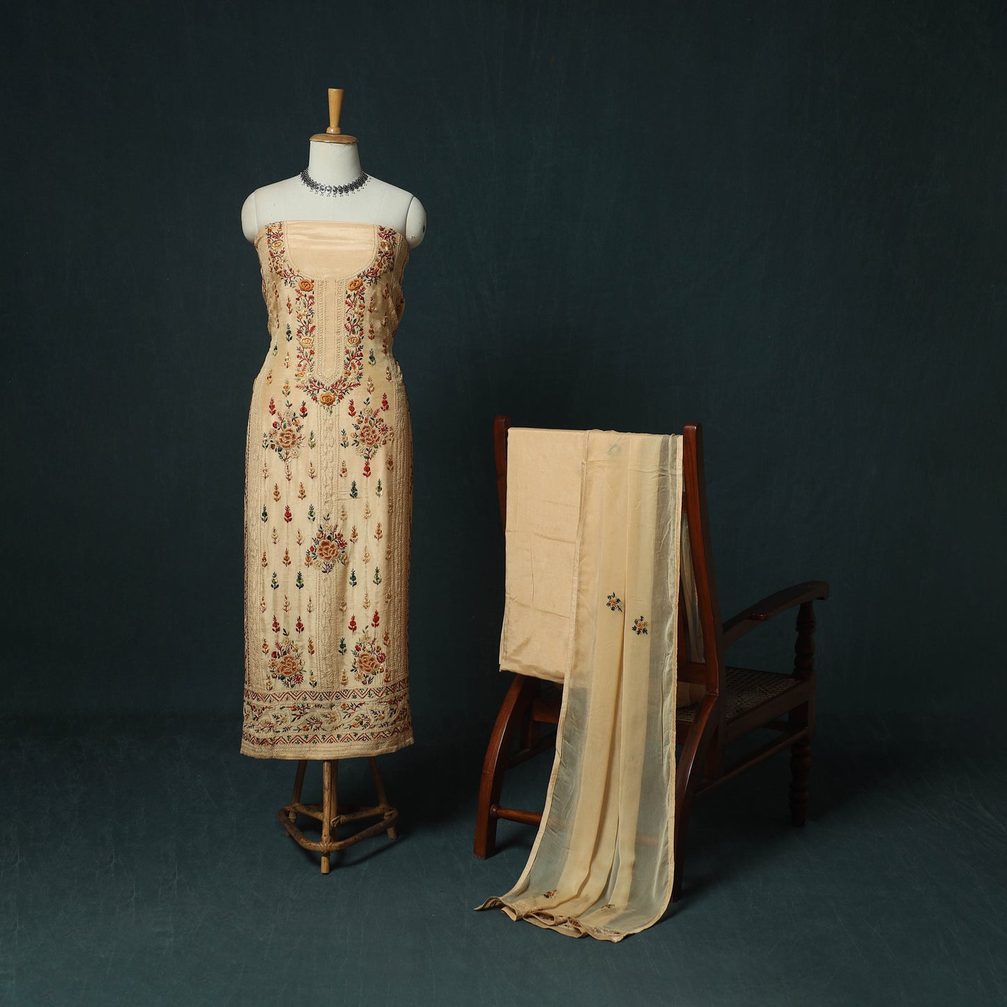 Beige Hand Embroidered Muslin 3pc Unstitched Dress Material 01