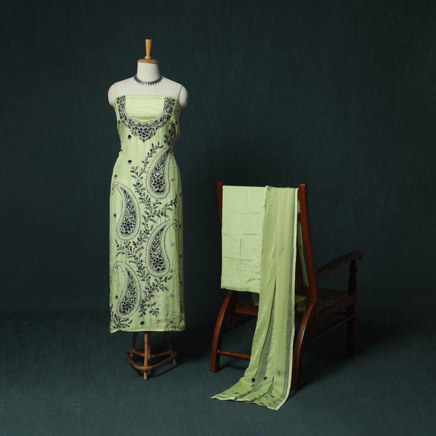 Green - Hand Embroidered Muslin 3pc Unstitched Dress Material 10