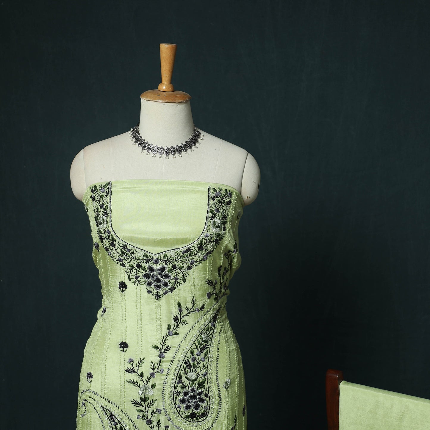 Green - Hand Embroidered Muslin 3pc Unstitched Dress Material 10