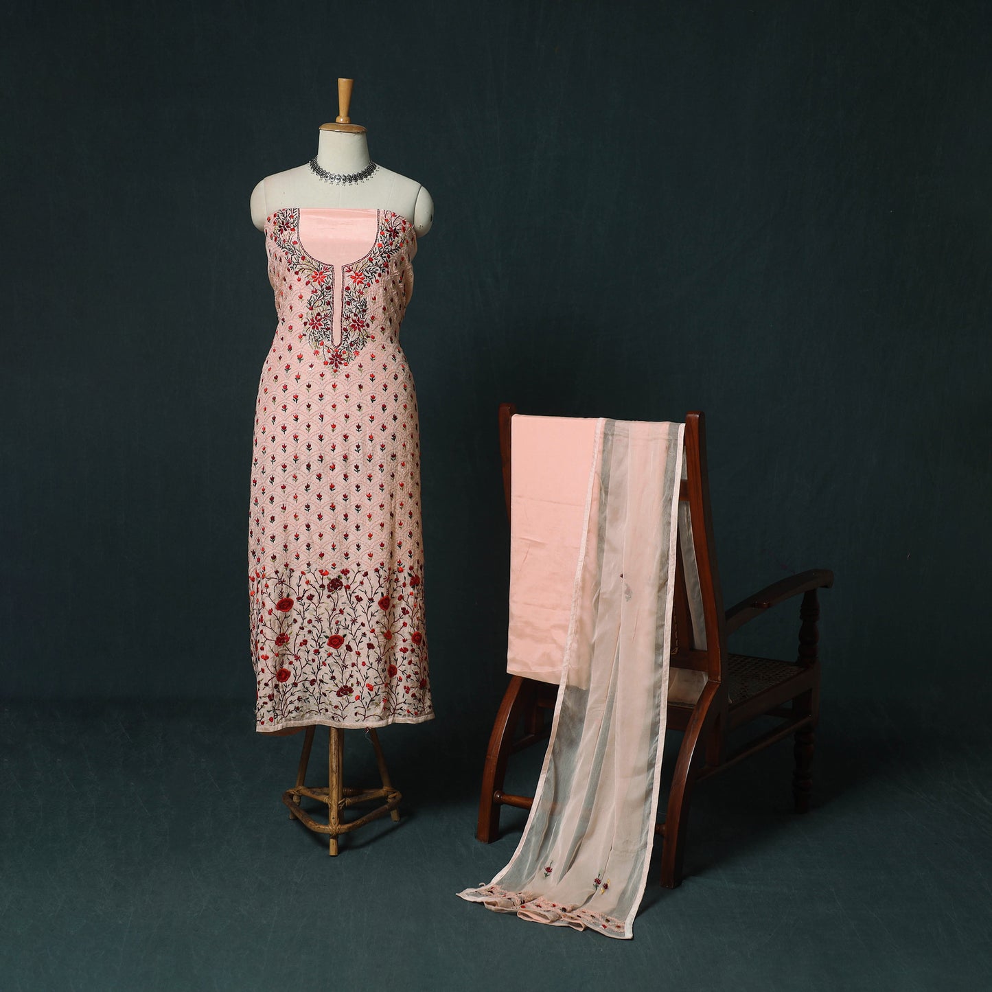 Pink - Hand Embroidered Muslin 3pc Unstitched Dress Material 11