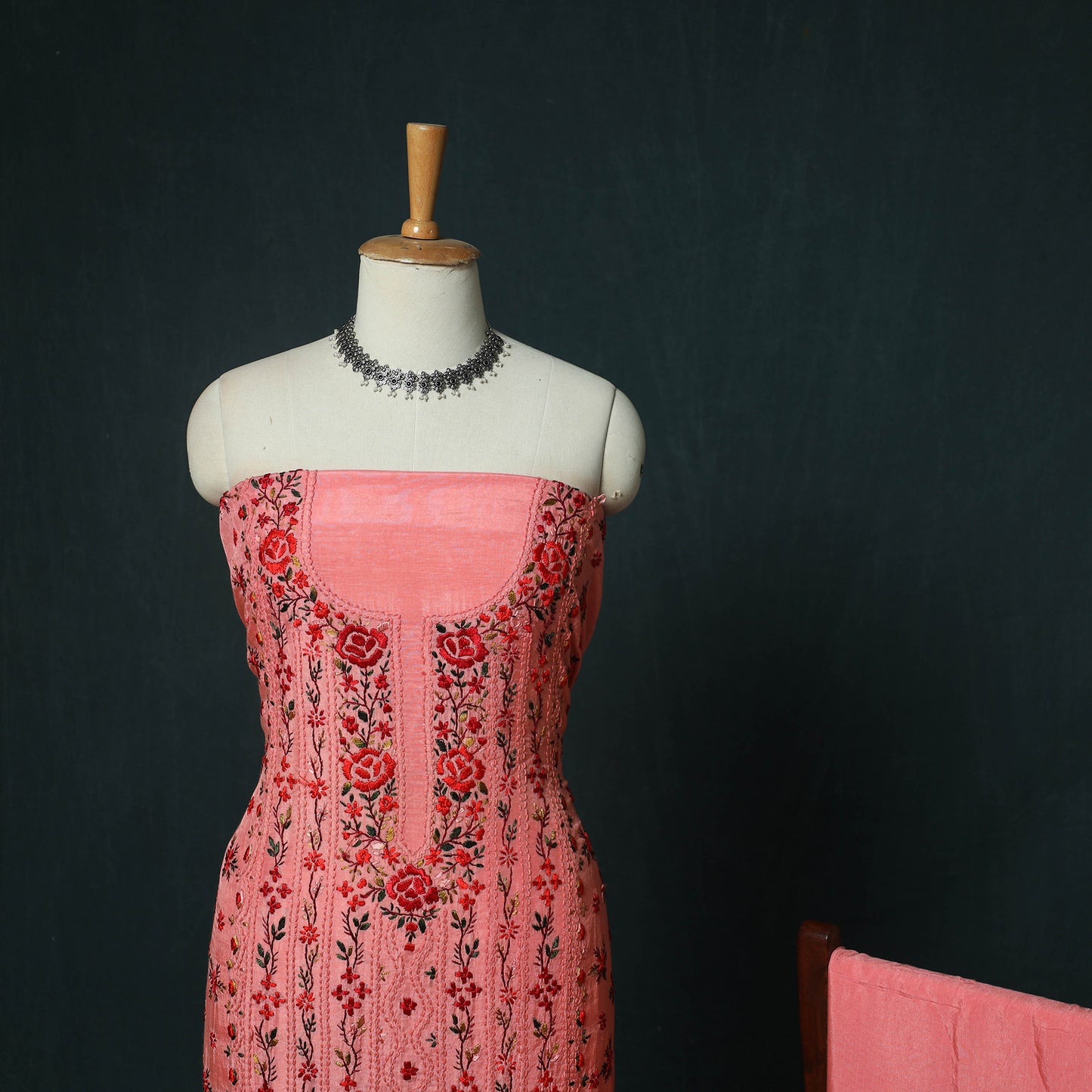Pink - Hand Embroidered Muslin 3pc Unstitched Dress Material 04