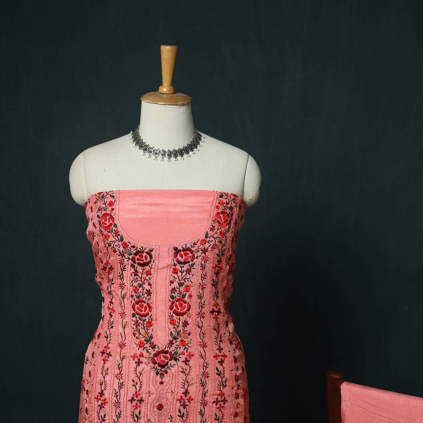 Pink - Hand Embroidered Muslin 3pc Unstitched Dress Material 05