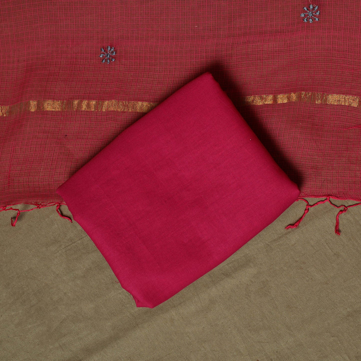 Plain Kota Doria Cotton Embroidered 3pc Unstitched Dress Material Suit Set 18