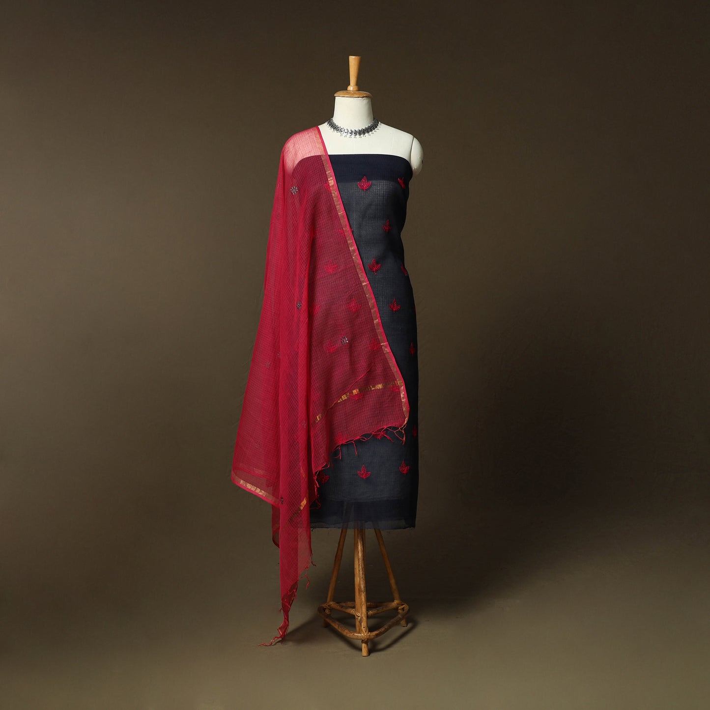 Plain Kota Doria Cotton Embroidered 3pc Unstitched Dress Material Suit Set 18