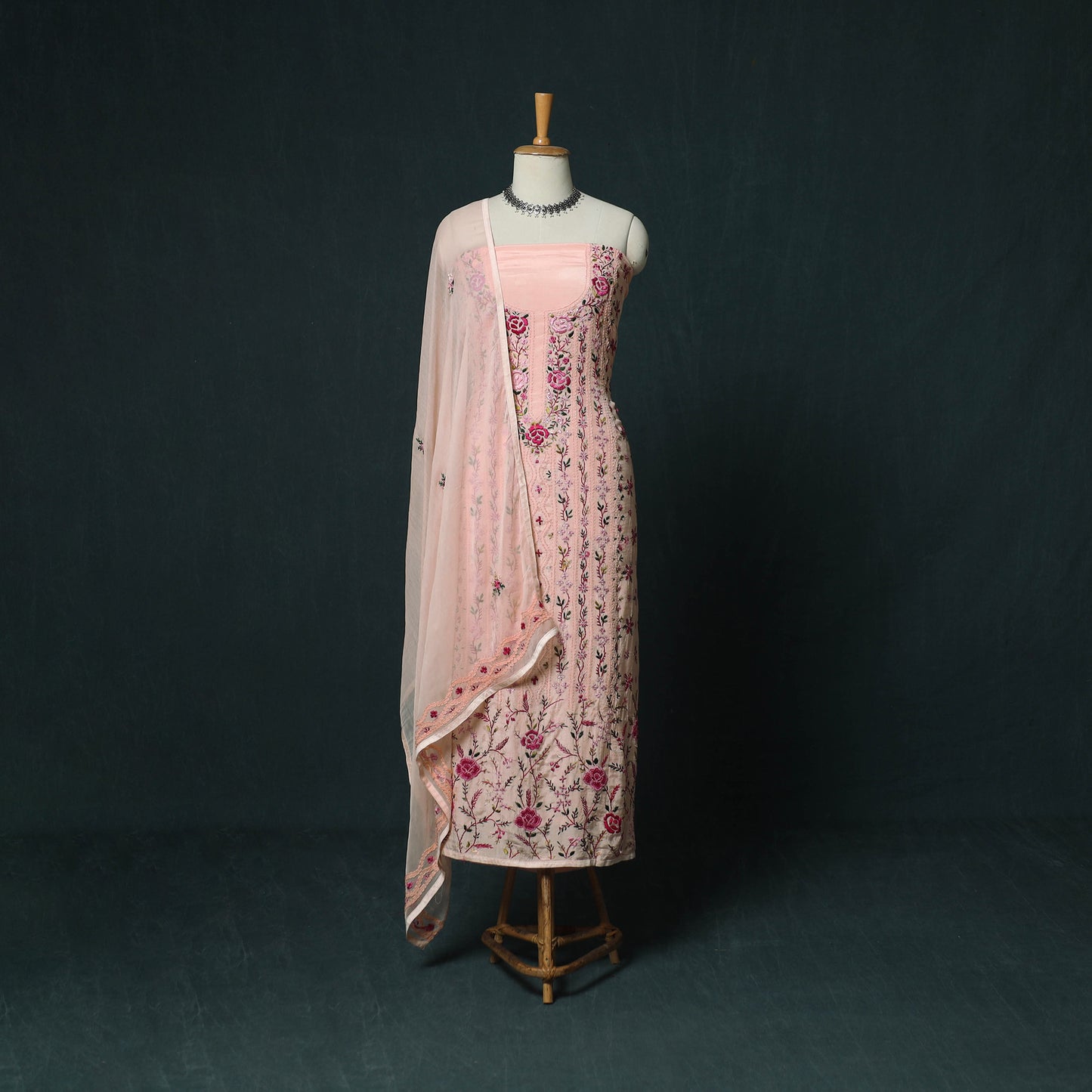 Pink - Hand Embroidered Muslin 3pc Unstitched Dress Material 08