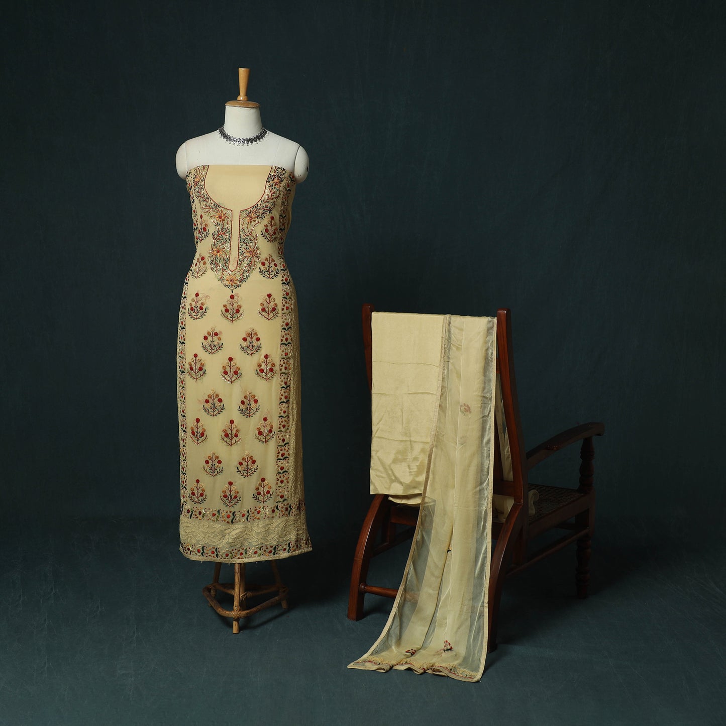 Yellow - Hand Embroidered Georgette 3pc Unstitched Dress Material 15