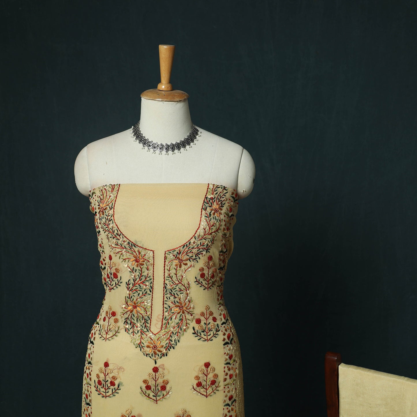 Yellow - Hand Embroidered Georgette 3pc Unstitched Dress Material 15