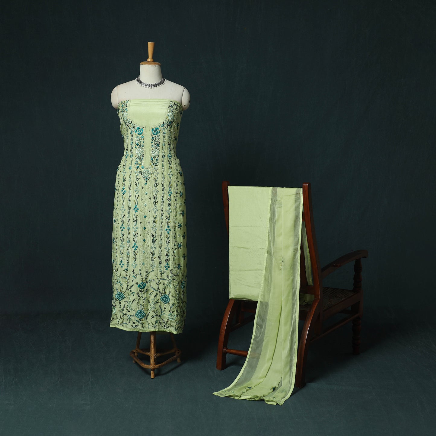 Green - Hand Embroidered Muslin 3pc Unstitched Dress Material 12