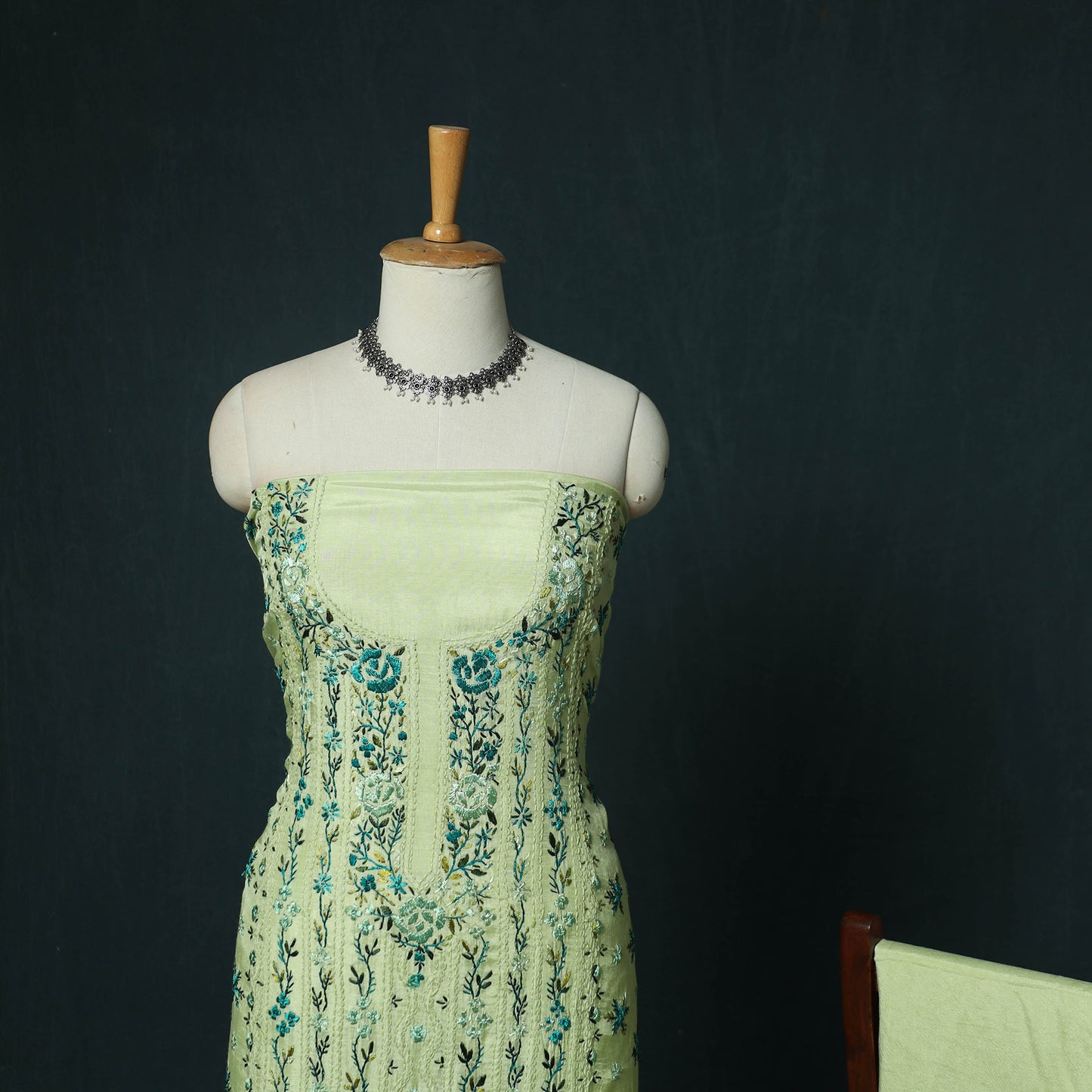 Green - Hand Embroidered Muslin 3pc Unstitched Dress Material 12
