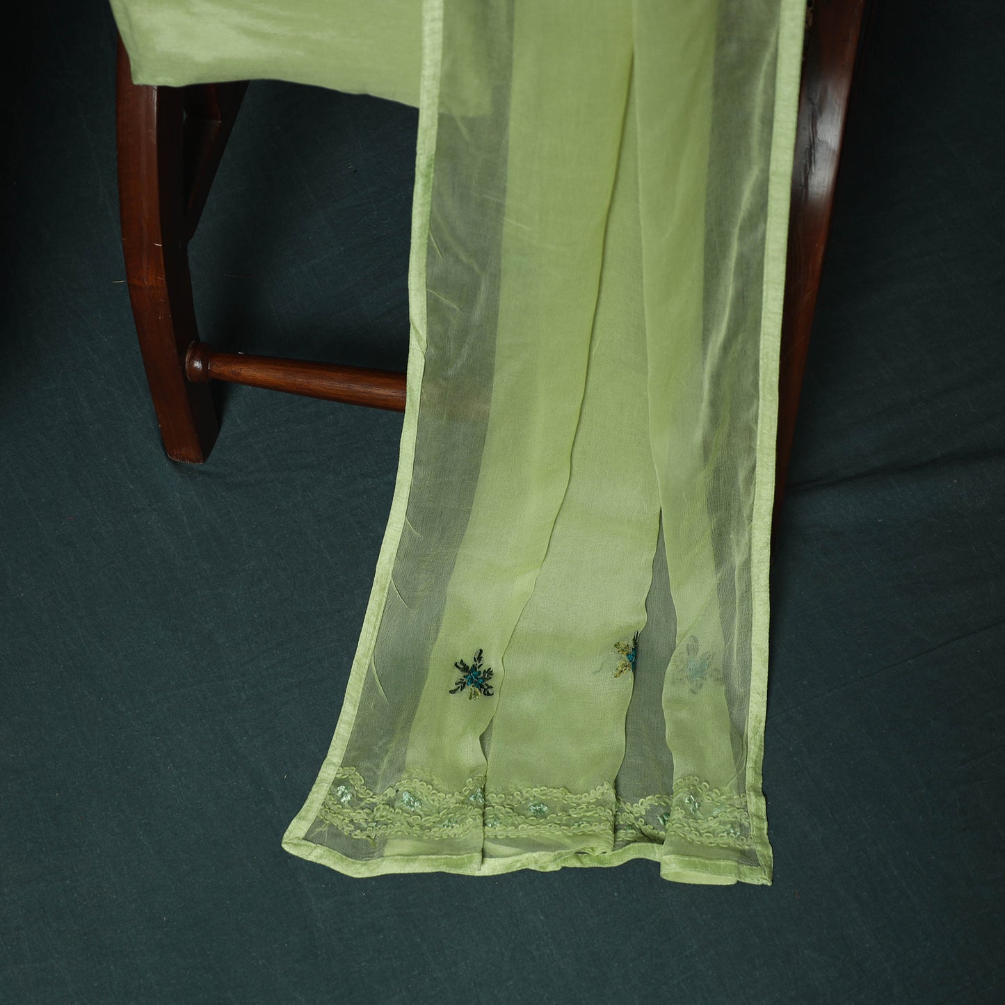 Green - Hand Embroidered Muslin 3pc Unstitched Dress Material 12