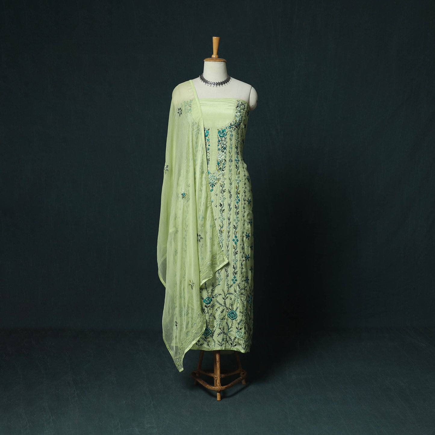 Green - Hand Embroidered Muslin 3pc Unstitched Dress Material 12