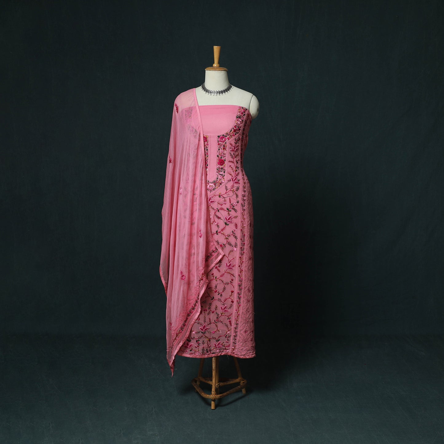 Pink - Hand Embroidered Georgette 3pc Unstitched Dress Material 17